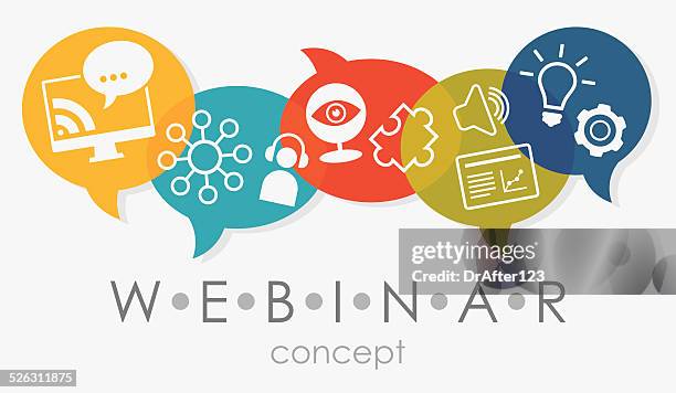 ilustraciones, imágenes clip art, dibujos animados e iconos de stock de webinar concepto de - capacitacion online