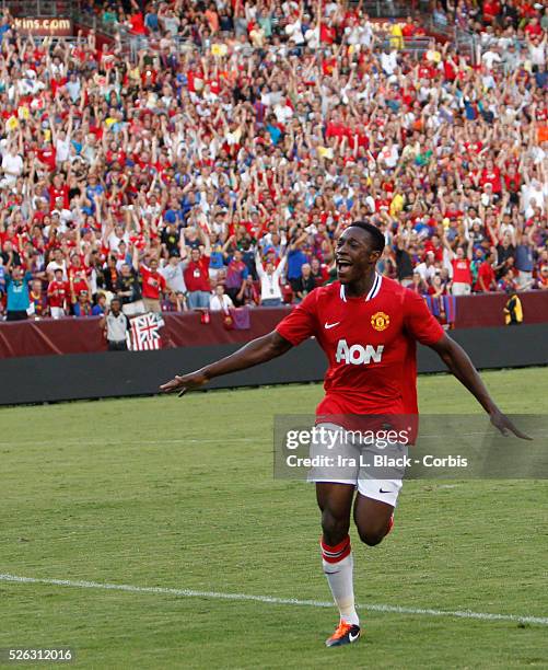 Manchester United player Danny Welbeck celebrates goal by teammate during the World Football Challenge Friendly match between FC Barcelona and...