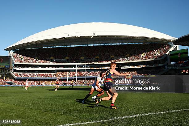 General view during the round six AFL match between the Adelaide Crows and the Fremantle Dockers at Adelaide Oval on April 30, 2016 in Adelaide,...