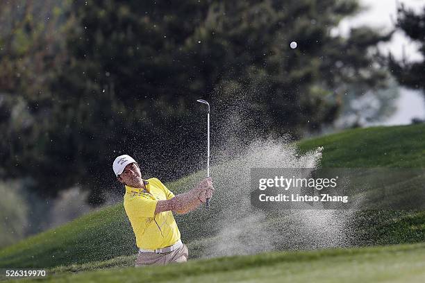 Felipe Aguilar of Chile plays a shot during the third round of the Volvo China open at Topwin Golf and Country Club on April 30, 2016 in Beijing,...