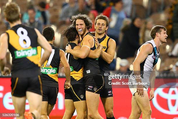 Tyrone Vickery of the Tigers celebrates after kicking a goal during the round six AFL match between the Richmond Tigers and the Port Adelaide Power...