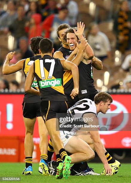 Tyrone Vickery of the Tigers celebrates after kicking a goal during the round six AFL match between the Richmond Tigers and the Port Adelaide Power...