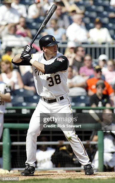 Jason Bay of the Pittsburgh Pirates bats against the Milwaukee Brewers during the game on April 6, 2005 at PNC Park in Pittsburgh, Pennsylvania. The...