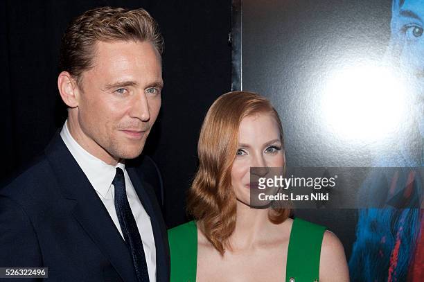 Tom Hiddleston and Jessica Chastain attend the "Crimson Peak" New York premiere at AMC Loews Lincoln Square in New York City. �� LAN