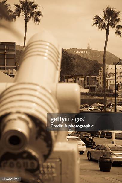 hollywood sign and telescope - hollywood sign palm tree stock pictures, royalty-free photos & images