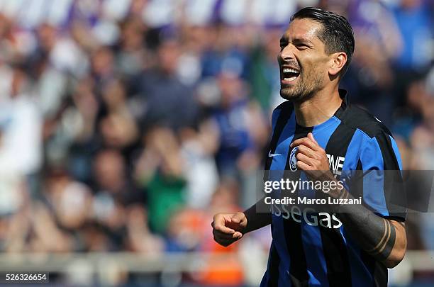 Marco Borriello of Atalanta BC celebrates after scoring the opening goal during the Serie A match between Atalanta BC and AC Chievo Verona at Stadio...