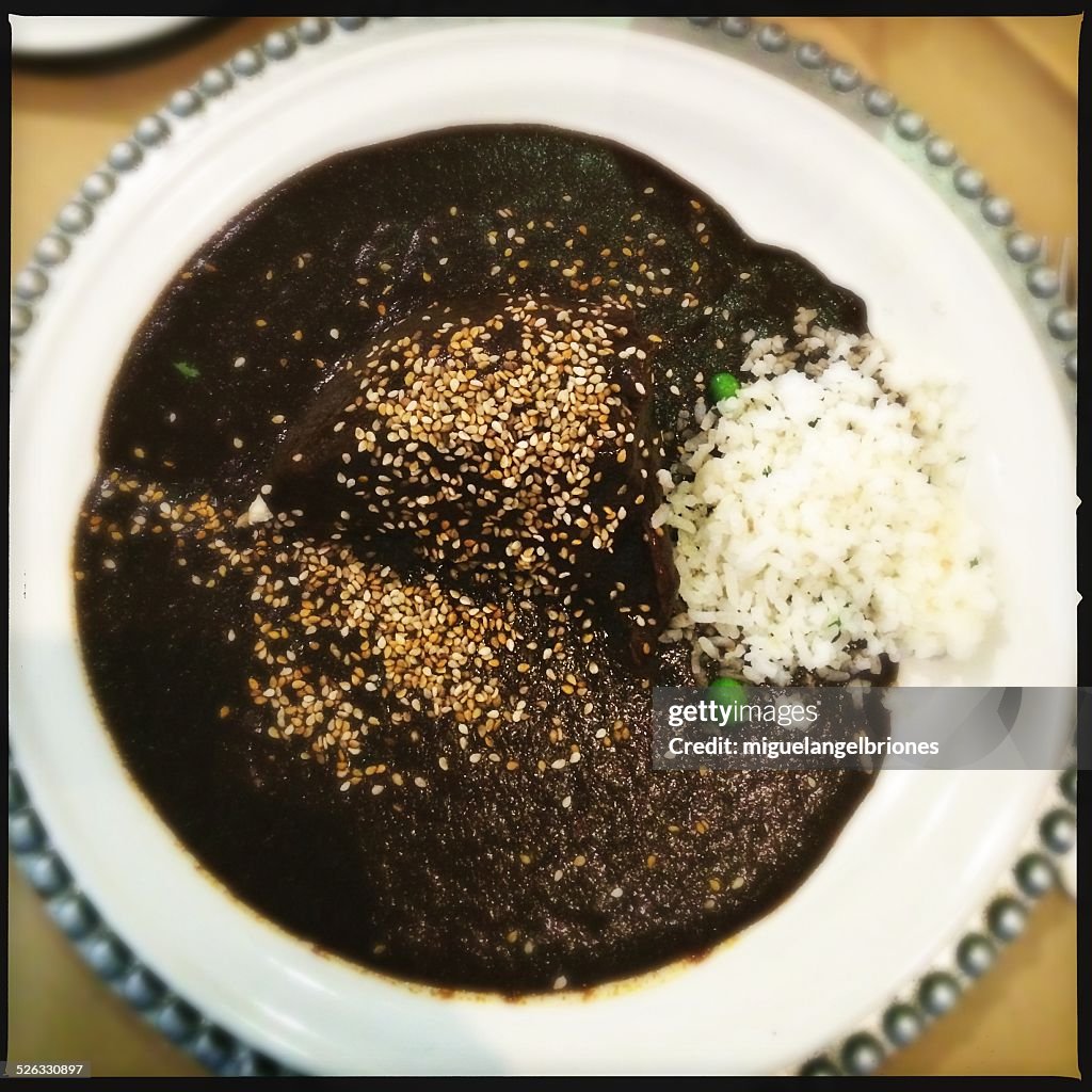 Overhead view of bowl of chicken mole