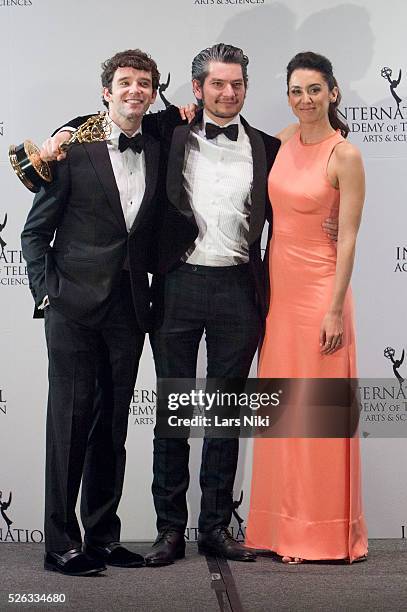 Michael Urie, Maarten Heijmans and Mozhan Marno attend the "43rd International Emmy Awards" at the New York Hilton in New York City. �� LAN