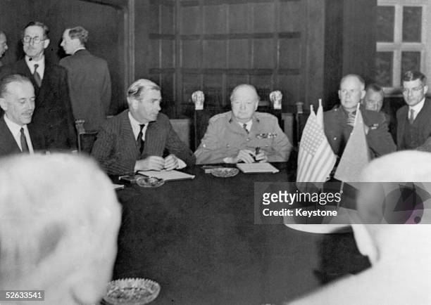 British Prime Minister Winston Churchill with British Foreign Secretary Anthony Eden on the first day of the 'Big Three' conference in Potsdam,...