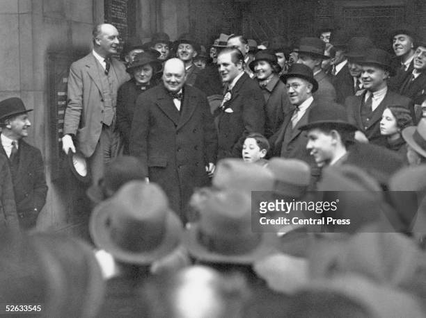 British statesman Winston Churchill lends support to his son Randolph in his campaign to win the Liverpool, Wavertree by-election, 5th February 1935.