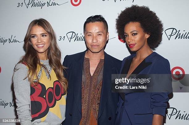 Jessica Alba, Phillip Lim and Solange Knowles attend the 3.1 Phillip Lim for Target launch event at Spring Studio in New York City. �� LAN