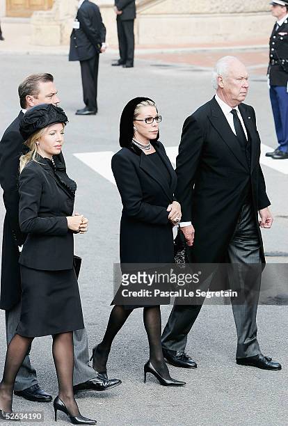 Prince Victor Emmanuel , Princess Marina of Savoyand and family arrive at the funeral of Monaco's Prince Rainier III at Monaco Cathedral on April 15,...