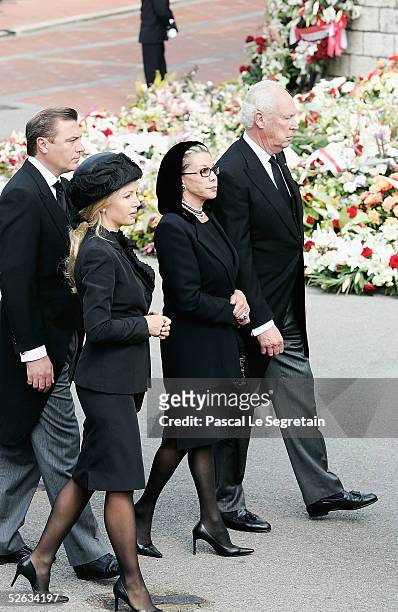 Prince Victor Emmanuel and Princess Marina of Savoy and family arrive at the funeral of Monaco's Prince Rainier III at Monaco Cathedral on April 15,...