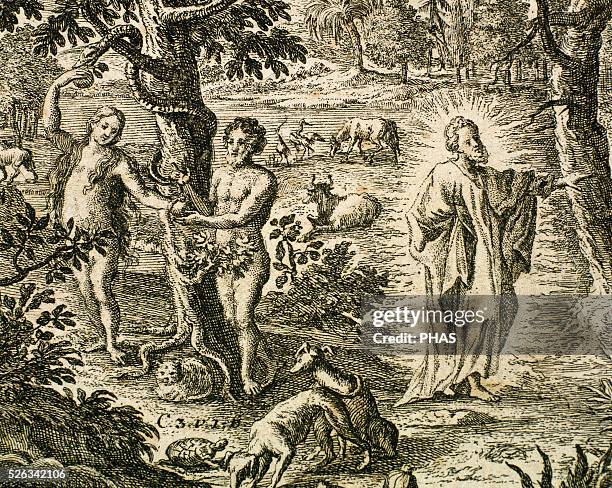 Old Testament. Original sin. Adam and Eve disobeying God. Banishes from the Garden of Eden. Engraving. Book of Genesis.