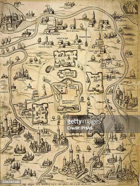 Italy. Cities of Mantua, Bologna, Venice, Modena, Ferrara and Parma. Italian engraving. Map. 16th century.