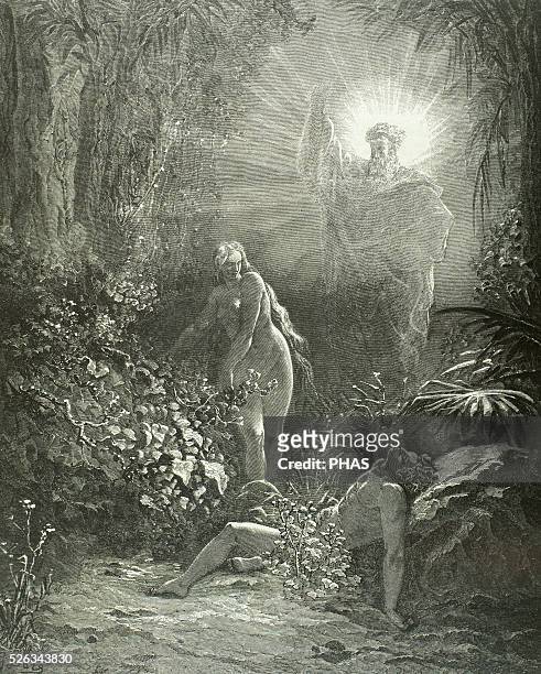 Old Testament. Original sin. Adam and Eve disobeying God. Banishes from the Garden of Eden. Book of Genesis. Engraving by Gustave Dore .