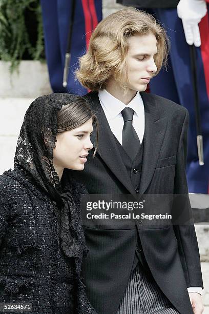 Charlotte Casiraghi and Andrea Casiraghi leave the Cathedral after the funeral of Monaco's Prince Rainier III on April 15, 2005 in Monte Carlo,...