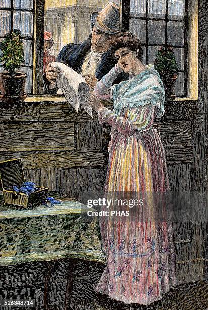 Bourgeoisie. Couple. Early 19th century. Engraving. Colored.