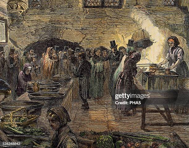 Lancashire Cotton Famine . Depression in the textile industry of North West England. People waiting for food. Soup kitchen. Engraving. Colored.