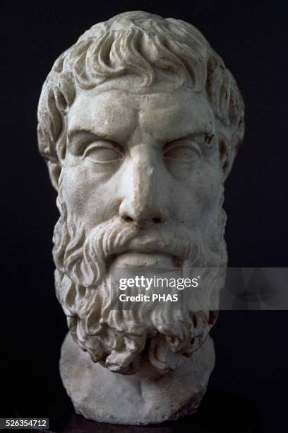 Epicurus . Ancient Greek philosopher. Bust. Roman copy. 3rd-2nd century. British Museum. London. England.