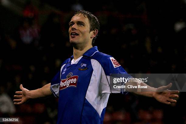 Morten Bisgaard of Derby County celebrates his goal during the Coca-Cola Championship league match between Sheffield United and Derby County at...