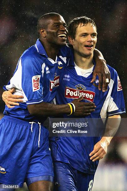 Michael Johnson and Morten Bisgaard of Derby County celebrate the 1-0 victory after the Coca-Cola Championship league match between Sheffield United...