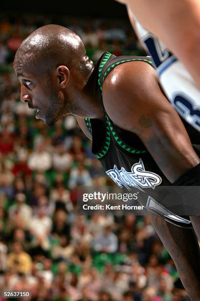 Kevin Garnett of the Minnesota Timberwolves catches his breath during the game against the Utah Jazz on April 15, 2005 at the Delta Center in Salt...