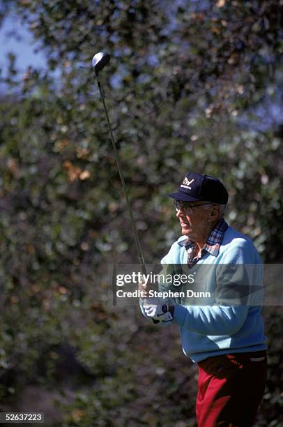 Golf veteran Art Wall watches the flight of the ball after his swing during the 1991 Seniors GTE West Classic at Ojai Valley Spa and Resort in Ojai,...