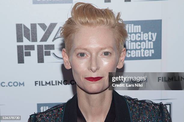 Tilda Swinton attends the Only Lovers Left Behind film premiere during the 51st New York Film Festival at Alice Tully Hall in Lincoln Center in New...