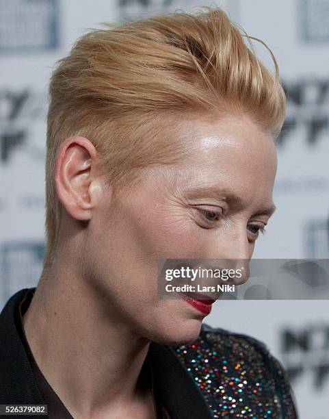 Tilda Swinton attends the Only Lovers Left Behind film premiere during the 51st New York Film Festival at Alice Tully Hall in Lincoln Center in New...