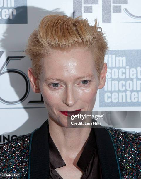 Tilda Swinton attends the Only Lovers Left Behind film premiere during the 51st New York Film Festival at Alice Tully Hall in Lincoln Center in New...