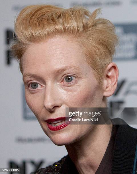 Tilda Swinton attends the Only Lovers Left Behind film premiere during the 51st New York Film Festival at Alice Tully Hall in Lincoln Center in New...