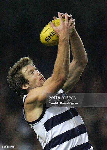 Henry Playfair for the Cats in action during the round four AFL match between the Geelong Cats and the Essendon Bombers at the Telstra Dome on April...