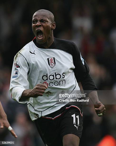 Luis Boa Morte of Fulham celebrates his goal during the Barclays Premiership League match between Fulham and Manchester City at Craven Cottage on...