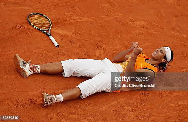 Rafael Nadal of Spain celebrates match-point against Richard Gasquet of France in his semi-final match,during the ATP Masters Series at the Monte...