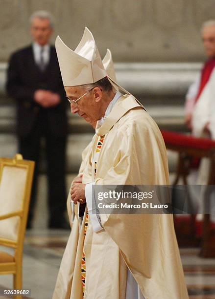 Italian Cardinal Camillo Ruini attends a mass celebrated by Chilean Cardinal Jorge Arturo Medina Estevez in St. Peter's Basilica Apri 16, 2005 in...