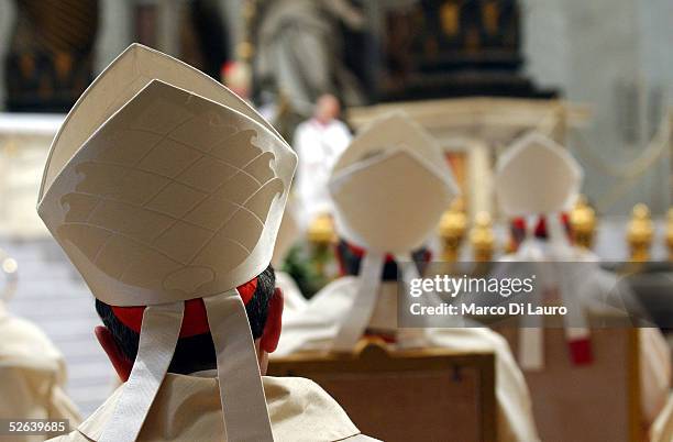 Cardinals attend a mass celebrated by Chilean Cardinal Jorge Arturo Medina Estevez in St. Peter's Basilica Apri 16, 2005 in Vatican City. Cardinals...