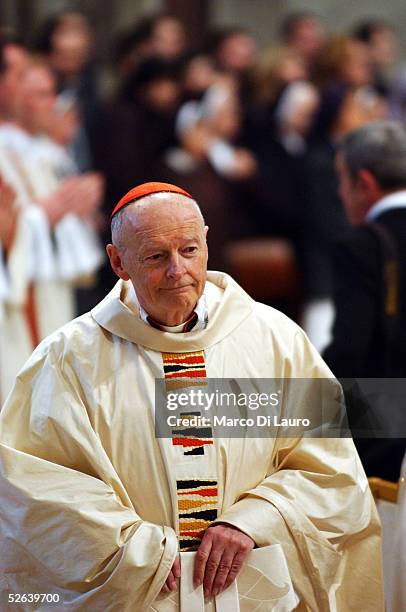 Cardinal Theodore McCarrick attends a mass celebrated by Chilean Cardinal Jorge Arturo Medina Estevez in St. Peter's Basilica Apri 16, 2005 in...