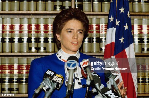 Brooklyn District Attorney Elizabeth Holtzman holds a press conference November 19, 1986 to announce Colombo Crime Family's Boss, Carmine Persico's...