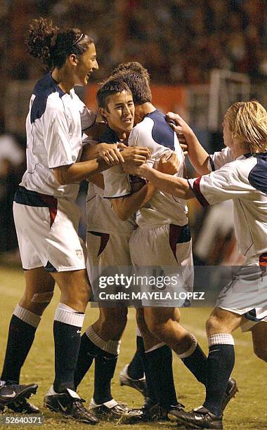 Soccer players celebrate the first goal against Costa Rica their Concacaf final quadrangular for a place in the Under-17 Peru 2005 World Cup, 16...
