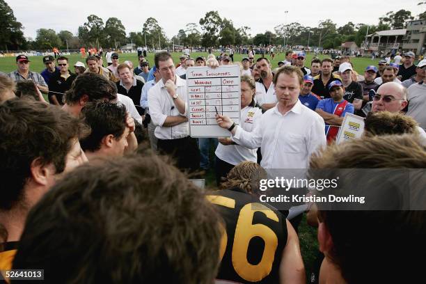 Werribee coach Simon Atkins addresses his team at the Third quarter break during the VFL Round 3 match between the Northern Bullants and Werribee at...