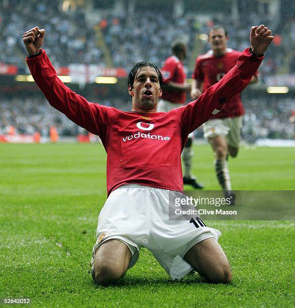 Ruud Van Nistelrooy of Manchester United celebrates scoring his teams third goal during the FA Cup Semi-Final match between Manchester United and...
