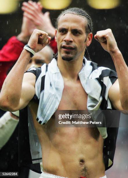 Rio Ferdinand of Manchester United celebrates at the end of the FA Cup semi-final match between Newcastle United and Manchester United at the...