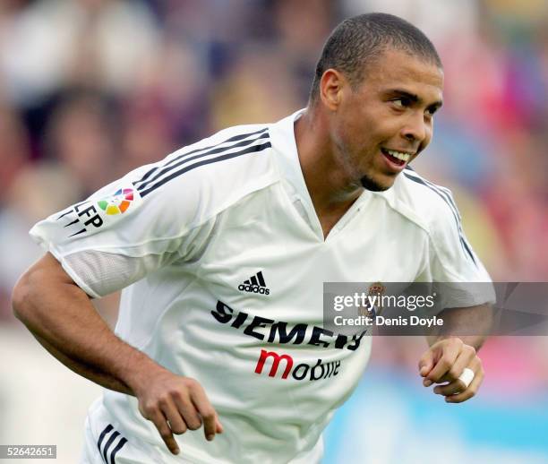 Ronaldo of Real Madrid celebrates after scoring a goal in a La Liga soccer match between Levante and Real Madrid at the Ciutat de Valencia stadium on...