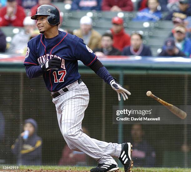 Juan Castro of the Minnesota Twins hits an RBI single against Cleveland Indians pitcher C.C. Sabathia, scoring Luis Rivas in the second inning on...