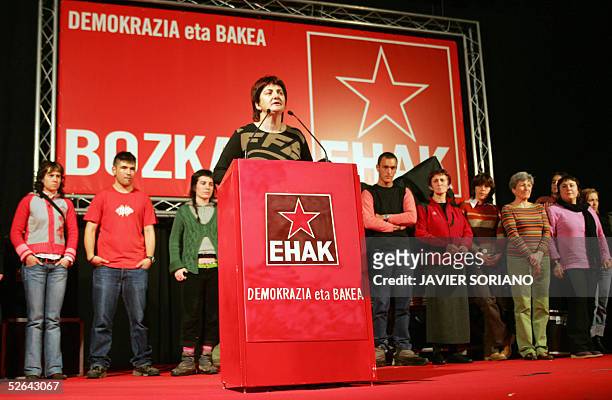 Euskal Herrialdetako Alderdi Komunista - EHAK-PCTV candidate Basque regional elections, Nekane Erauzkin next to other members of her party, speaks...