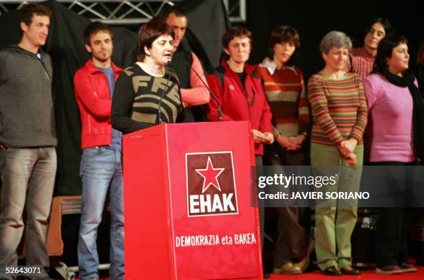 Euskal Herrialdetako Alderdi Komunista - EHAK-PCTV candidate Basque regional elections, Nekane Erauzkin next to other members of her party, speaks...