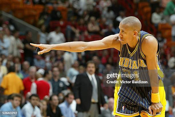 Reggie Miller of the Indiana Pacers gestures as he leads his team against the Miami Heat during NBA action on April 17, 2005 at American Airlines...
