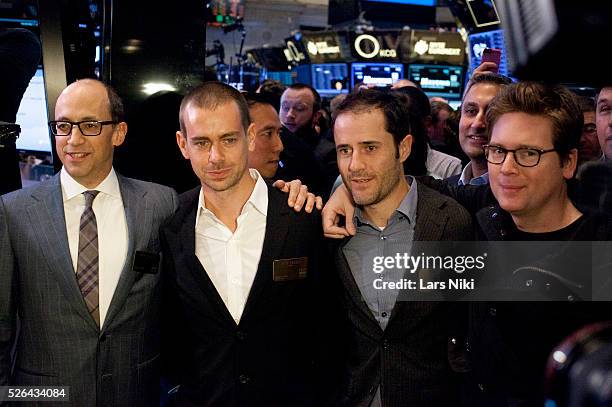 Richard Costolo, chief executive officer of Twitter Inc. And Twitter co-founders Jack Dorsey, Evan Williams and Biz Stone await the opening of...