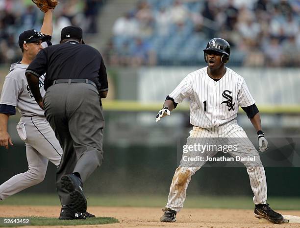 Willie Harris of the Chicago White Sox reacts after being called out while stealing by second base umpire Chuck Meriwether to end the game after...